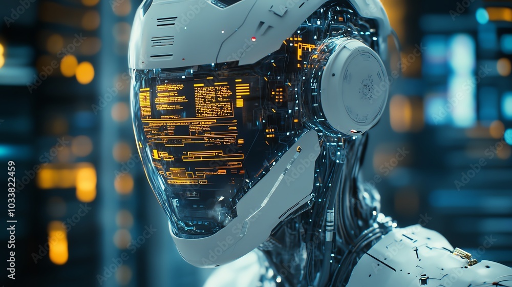 Poster a futuristic robot head showcasing advanced technology with a glowing interface and intricate detail