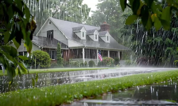 Rainy Day Haven: A charming house nestled amidst lush greenery, enduring a summer downpour. The scene evokes a sense of tranquility and peace.