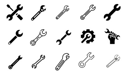 Wrench liner and solid icon set in black and white color Vector
