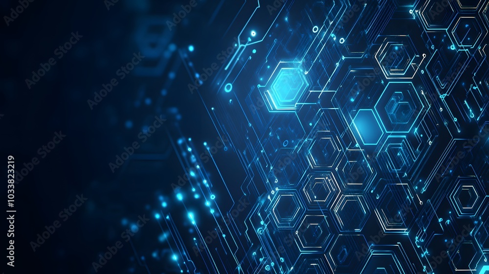 Poster abstract glowing blue hexagonal pattern on dark background