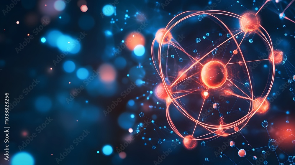 Poster abstract representation of an atom with glowing orbitals and interconnected particles.