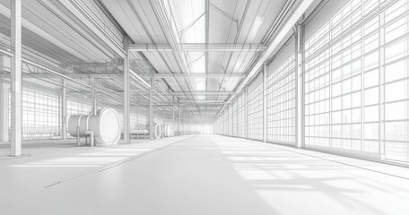 Fototapeta premium Modern Industrial Warehouse Interior with Bright Natural Light and Open Space