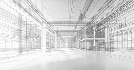 Fototapeta premium Futuristic Industrial Space Render with Wireframe Design in Monochrome