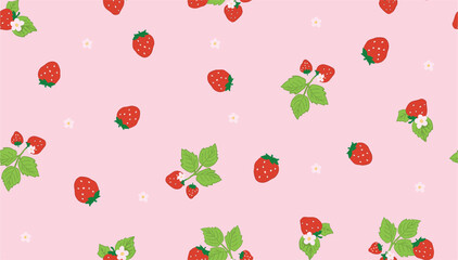 Seamless Strawberry Pattern with Ditsy Flowers,Vector Fabric Pattern Design