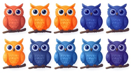 Fototapeta premium A playful arrangement of hand-painted watercolor owls perched on branches, suited for greeting cards and invitations