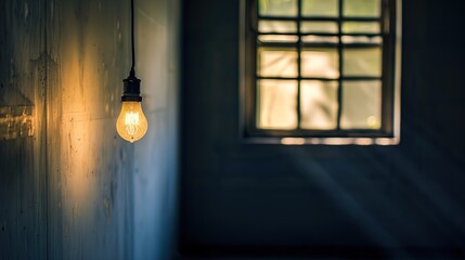 Dark empty room with single flickering light bulb casting long shadows, emphasizing absence of power and eerie atmosphere, minimalist setting with focus on light bulb's glow.