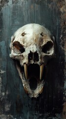 Menacing animal skull with sharp teeth mounted on a dark, textured wall, evoking a spooky and mysterious atmosphere