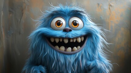 Obraz premium Adorable blue monster with a furry mane, large eyes, and a wide grin. Ideal for creative projects, fantasy themes, and children's entertainment