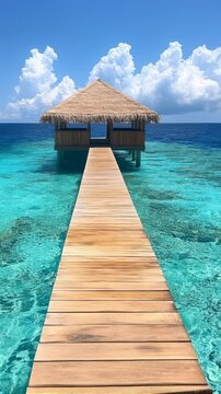 A wooden bridge leads to a small hut on a beach. The hut is surrounded by water and the sky is cloudy