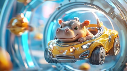 Obraz premium Cheeky Baby Hippo in Futuristic Racing Car