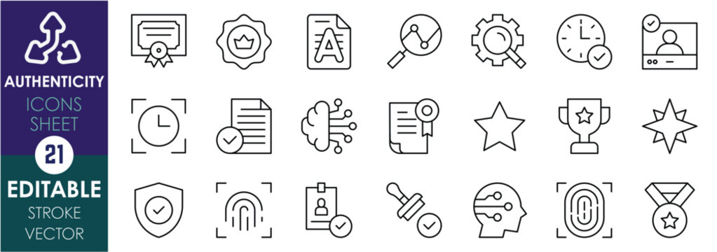 A set of line icons related to Authenticity. Fingerprint, Seal of Approval, certificate, checkmark, star, genuine, watermark, magnifying glass, and so on. Vector editable stroke.