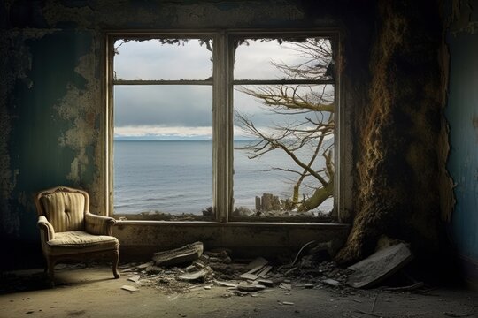 Fototapeta Window see ocean house chair deterioration.