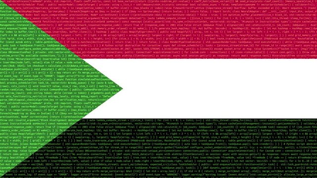 Binary code on flag of Sudan. Program source code or Hacker concept on Sudanese flag. Sudan digital technology security, hacking or programming