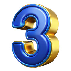 Naklejka premium Bold Blue and Yellow 3D rendering of the Number Three with a Glossy Finish