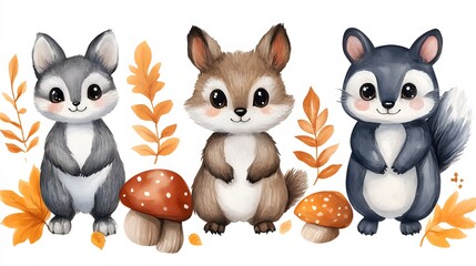 Fototapeta premium Whimsical woodland animals, leaves, and mushrooms hand-painted in watercolor, ideal for textile design and home decor