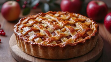 Golden brown apple pie with a lattice crust, sitting on a wooden board surrounded by fresh apples. The warm lighting and cozy setting evoke a feeling of autumnal comfort