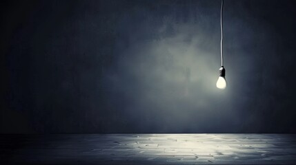 Dark empty room with single flickering light bulb casting long shadows, emphasizing absence of power and eerie atmosphere, minimalist setting with focus on light bulb's glow.
