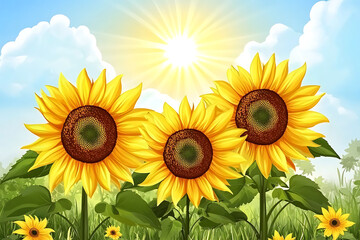 Obraz premium A vibrant scene of sunflowers under a bright sun with clouds in a lush green field.
