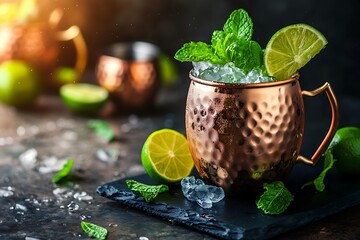 Artisanal Moscow Mule with Fresh Ingredients on Dark Slate Background
