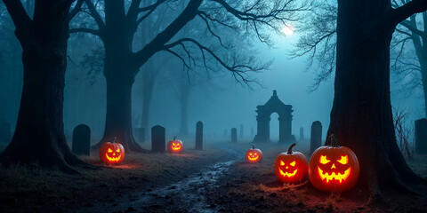 Glowing Pumpkins in a Dark, Haunted Forest