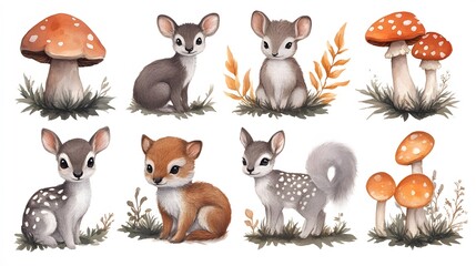 Naklejka premium Hand-painted watercolor forest scene featuring animals, leaves, and mushrooms, perfect for home decor or greeting cards