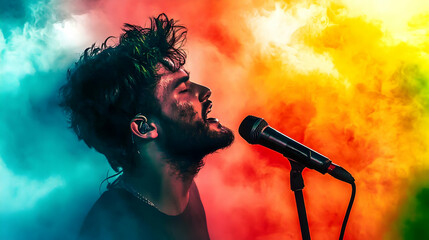 Young Man Singing with Messy Hair and Stubble