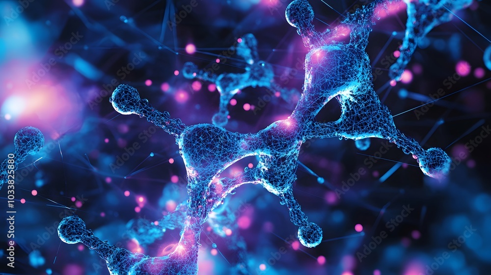Poster abstract representation of a molecular structure with glowing blue and pink nodes connected by lines