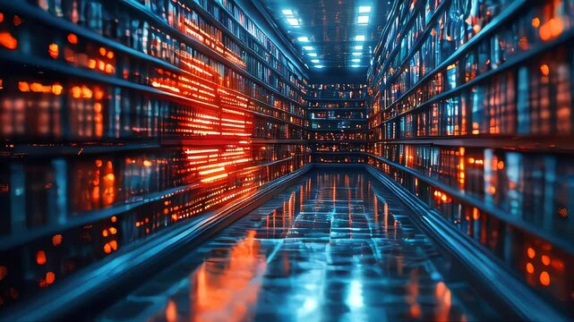 Futuristic digital books glowing with orange lights in a dark environment, representing the future of education and knowledge in a technological world