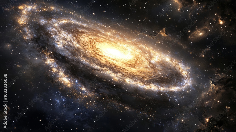 Poster mesmerizing spiral galaxy rotates gracefully in deep space. surrounded by twinkling stars. casting a