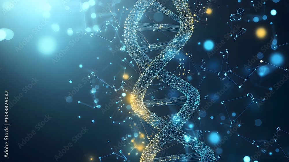Poster abstract representation of a dna strand with glowing nodes and lines