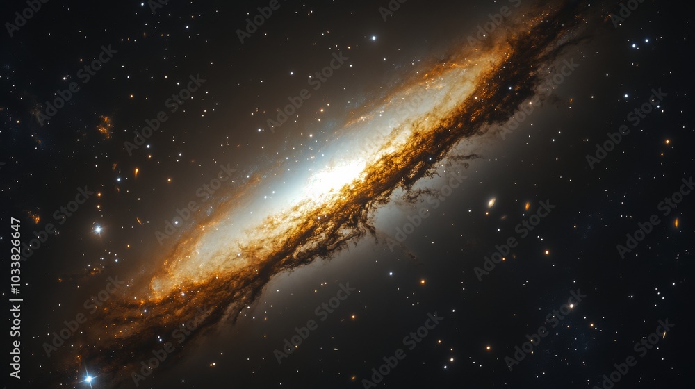 Poster bright spiral galaxy shines in deep space, illuminating dust and gas clouds. stars twinkle in the co