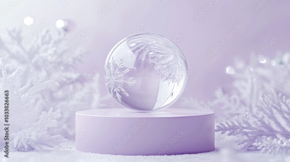 Poster a delicate crystal sphere sits atop a lavender pedestal, reflecting intricate snowflake patterns. su