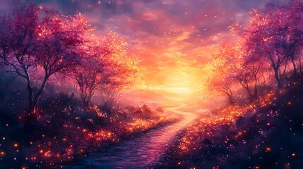 Fototapeta premium A whimsical watercolor scene of an enchanted forest with glowing paths and mystical creatures hidden among the trees