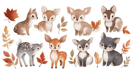 Obraz premium A charming hand-painted watercolor collection of woodland creatures in autumn, surrounded by colorful leaves and berries