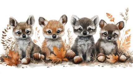 Obraz premium Woodland animals in an autumn setting, hand-painted in watercolor, with vibrant foliage and acorns, ideal for DIY projects