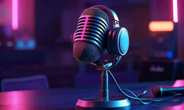 3D rendering of a microphone with headphones on a stand on a table against a dark background. Concept for a podcast, radio, or streaming and audio recording. Banner design. Copy space, 