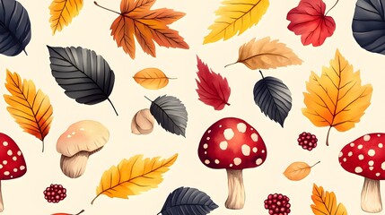 Obraz premium A cozy hand-painted watercolor collection of autumn woodland creatures among vibrant leaves, berries, and mushrooms