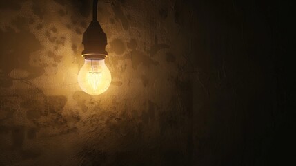 Dark empty room with single flickering light bulb casting long shadows, emphasizing absence of power and eerie atmosphere, minimalist setting with focus on light bulb's glow.