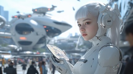 White-haired android woman with plastic body holding tablet in outdoor commercial area