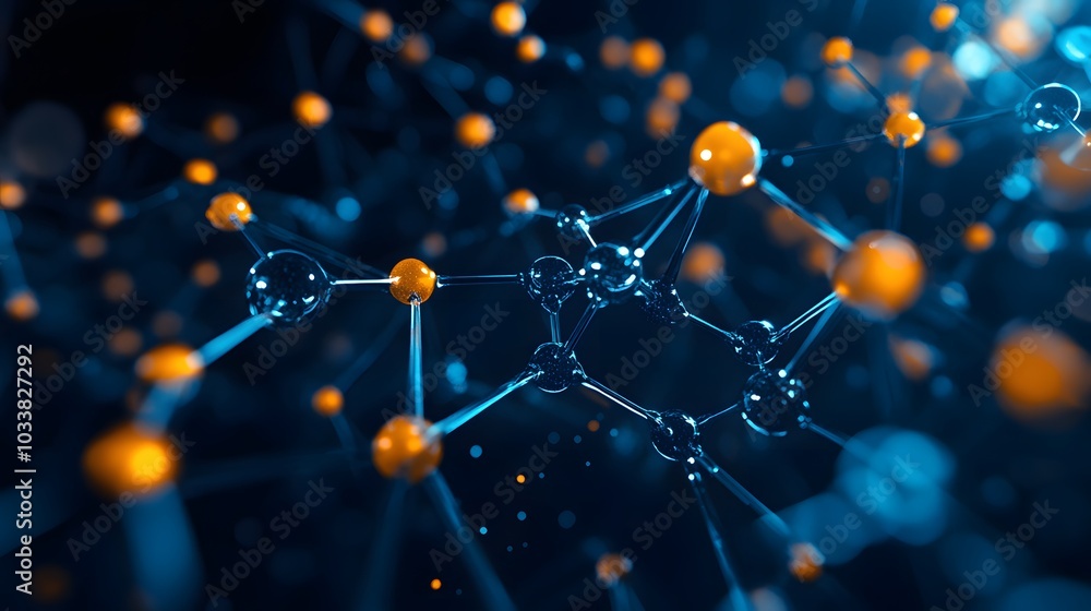 Poster abstract representation of a molecular structure with blue and orange spheres connected by thin line
