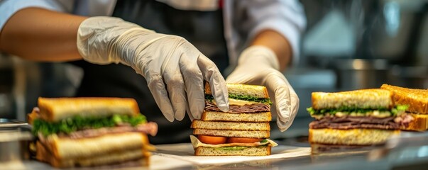 Food handler wearing gloves and a mask preparing sandwiches, focusing on infection control in the food service industry