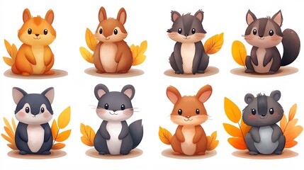Fototapeta premium Hand-painted watercolor autumn woodland animals collection, featuring soft fall tones and detailed forest creatures