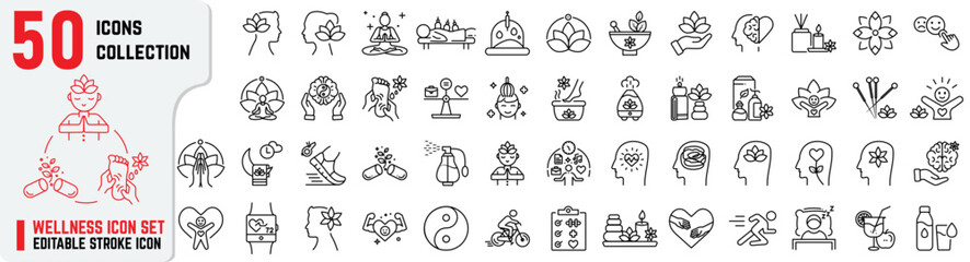 Set of 50 Wellness editable stroke icon set also includes balanced lifestyle, work life balance, emotional well-being, health, self-care, relaxation, yoga, and fitness. Wellness thin line icons