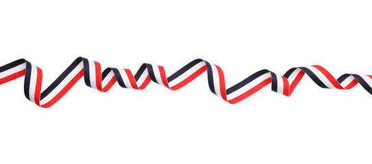 Ribbon in colors of Yemeni flag isolated on white, top view