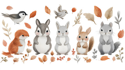 Obraz premium Autumn woodland animals hand-painted in watercolor, featuring squirrels, rabbits, and birds surrounded by falling leaves