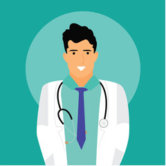 Fototapeta premium Young smiling doctor with stethoscope, medical specialist Medicine concept. 3d vector people character illustration. Cartoon minimal style.