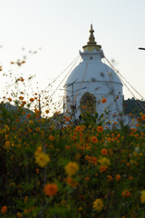 A serene stupa surrounded by vibrant flowers.