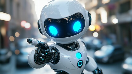 Cute AI Robot with Glowing Blue Eyes Pointing Towards Camera
