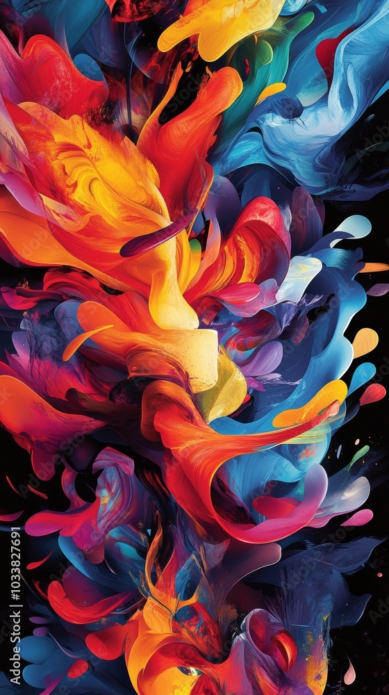 Poster colorful paint swirls explode chaotically in a vibrant background, creating a dynamic design perfect