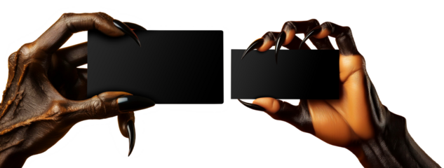 Scary black and brown hand, monster with long sharp claws holding an empty black business card with copy space. Isolated on white or transparent background, template. Png. Generative Ai.